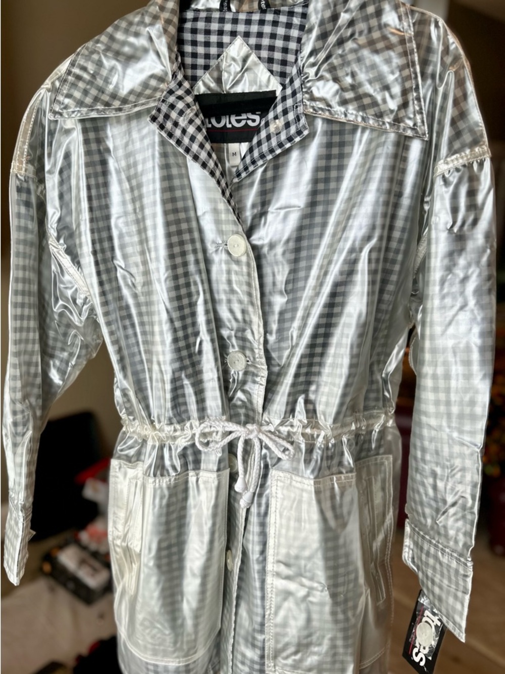 Totes Classic Gingham Black White Gingham Waterproof Jacket Packable Size M